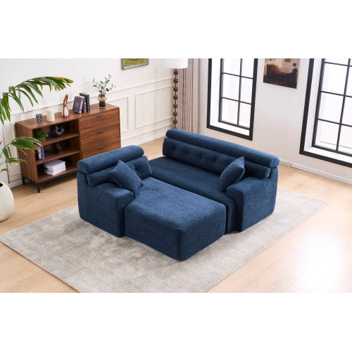 LY-029B WHITE COMPRESSION SOFA Combining Chaise Longue With 3-seater Wood Grain Chenille Fabric, Full Sponge Compression Sofa,combined Sofa With 2 Pillows For Living Home Furniture