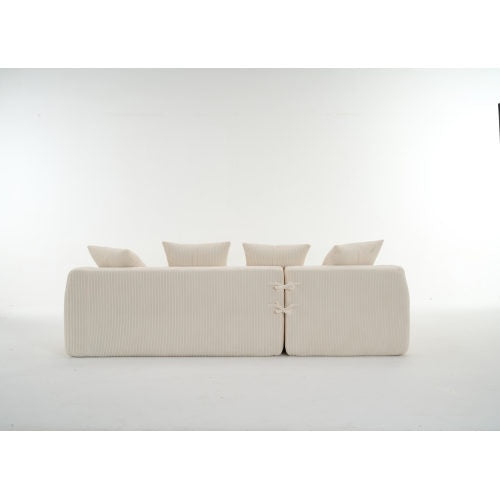 LY-023 WHITE COMPRESSION SOFA Combining Chaise Longue With 3-seater, Corduroy Fabric, Full Sponge Compression Sofa,combined Sofa With 4 Pillows For Living