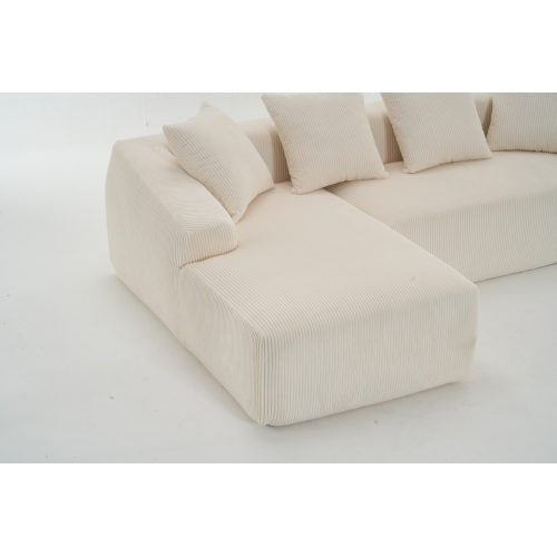 LY-023 WHITE COMPRESSION SOFA Combining Chaise Longue With 3-seater, Corduroy Fabric, Full Sponge Compression Sofa,combined Sofa With 4 Pillows For Living