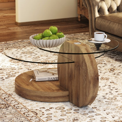Modern And Practical Double-layer Round Table. Glass Table Top, Wood MDF Table Legs. Suitable For Living Room And Bedroom