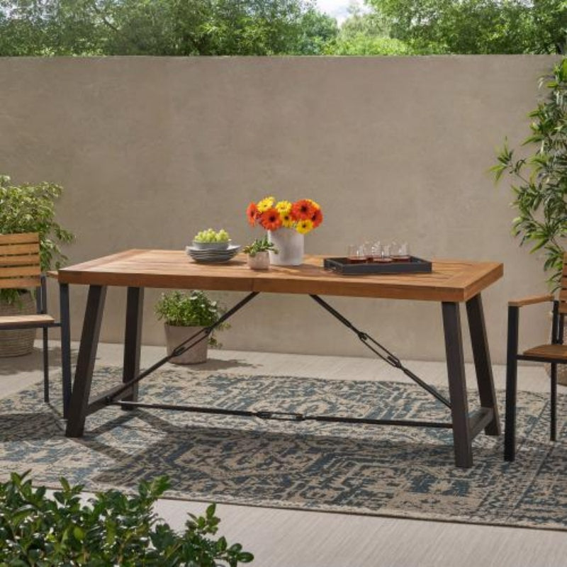 Outdoor Lovewood Metal Base Dining Table, Teak Wood