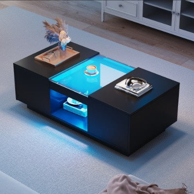 LED Coffee Table For Living Room, Modern Coffee Table With Storage With LED Lights, 2 Tiers And 2 Drawers, Large Living Room Center Tables Black