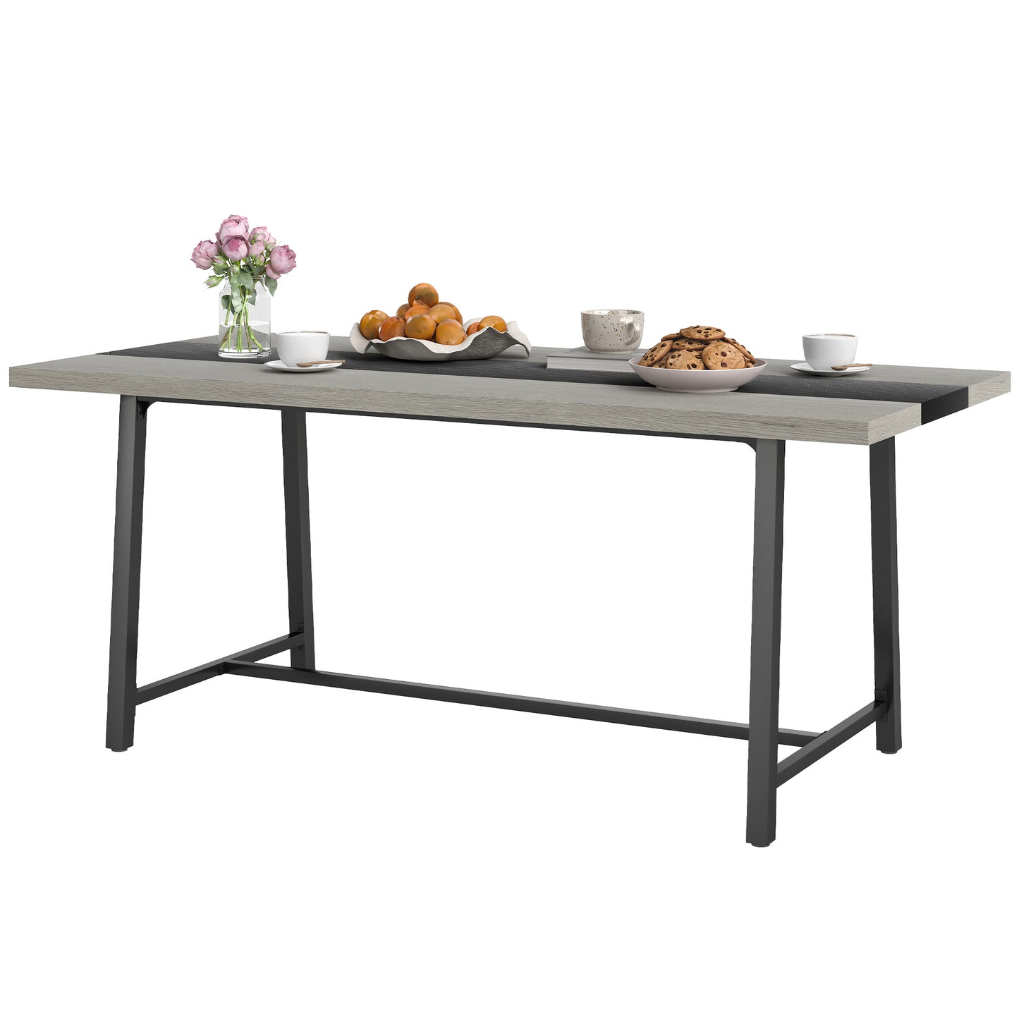 Industrial Kitchen Table For 8 People, 70.9 Long Dining Table With Large Tabletop And Steel Legs For Dining Room, Gray