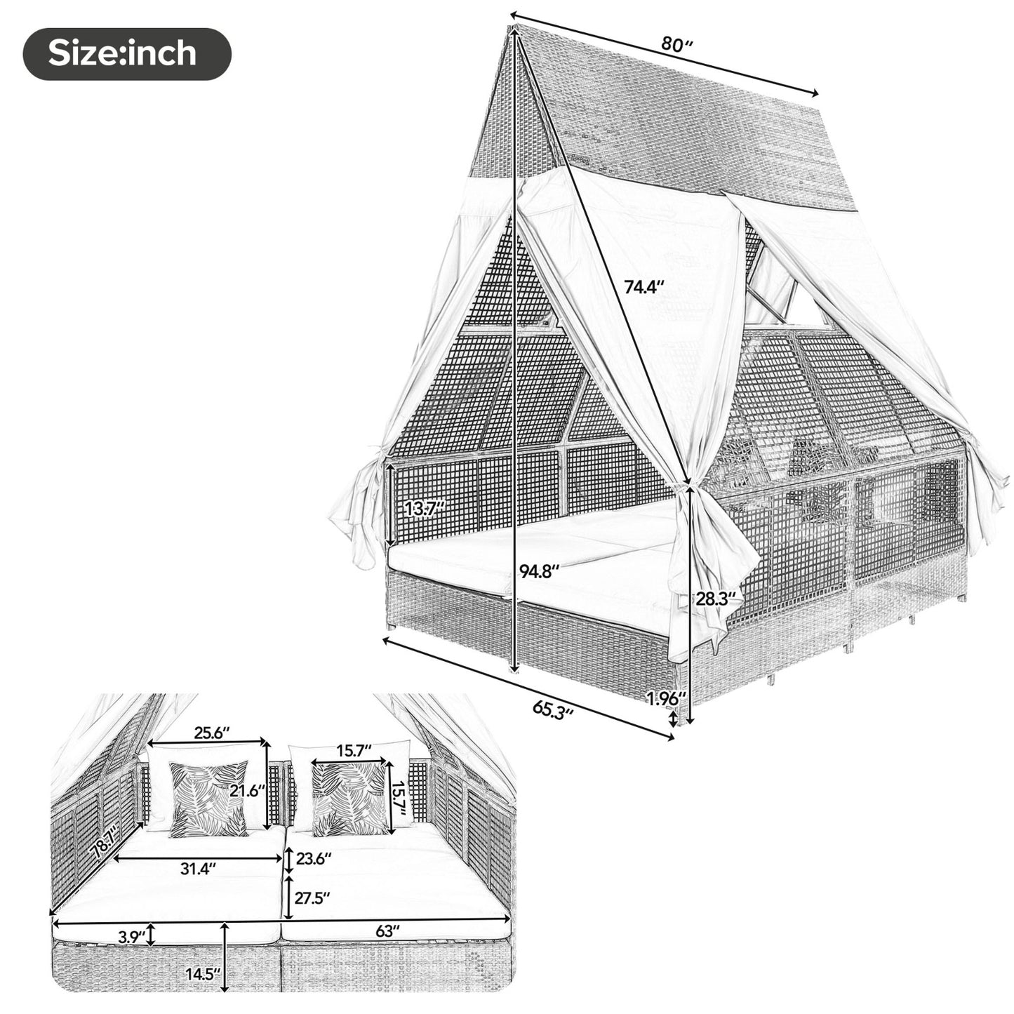 Outdoor Daybed With Adjustable Backrest And Curtains, Double Sun Lounger