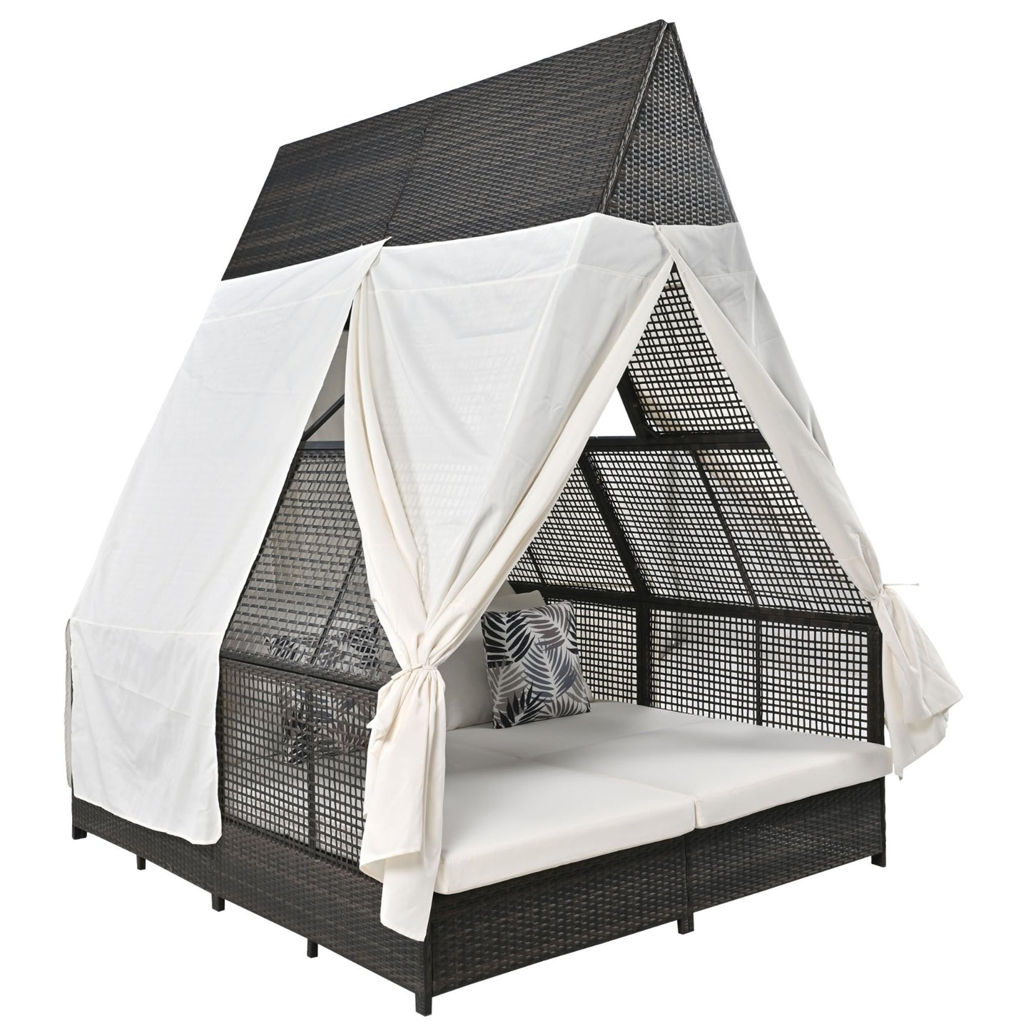 Outdoor Daybed With Adjustable Backrest And Curtains, Double Sun Lounger