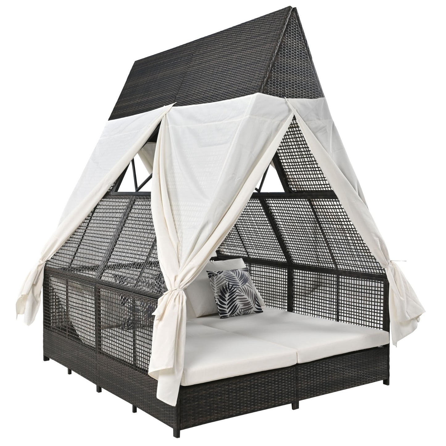 Outdoor Daybed With Adjustable Backrest And Curtains, Double Sun Lounger