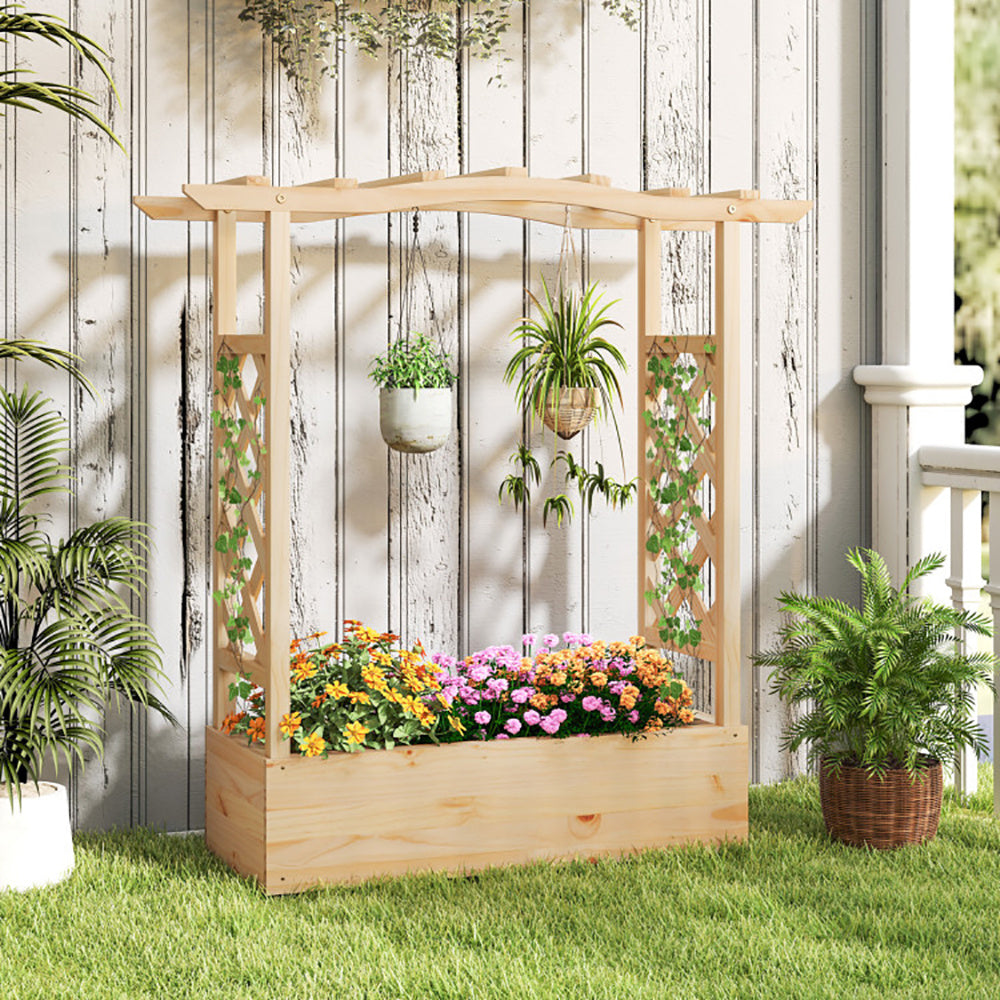 Wooden Raised Garden Bed Planter Box With Trellis And Hanging Roof