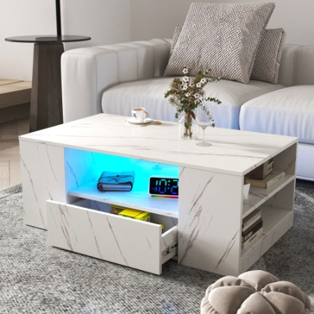 Modern Coffee Tables For Living Room, LED Coffee Table, Storage Coffee Table, Small Coffee Table, Wood Center Table With 2 Drawers And Open Side Shelf