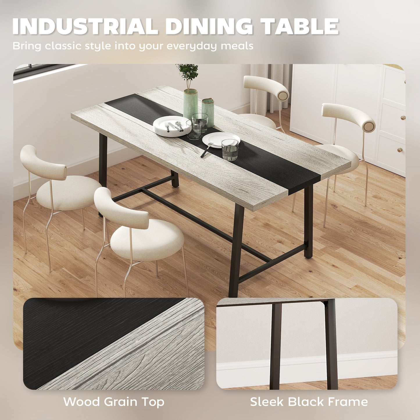 Industrial Kitchen Table For 8 People, 70.9 Long Dining Table With Large Tabletop And Steel Legs For Dining Room, Gray