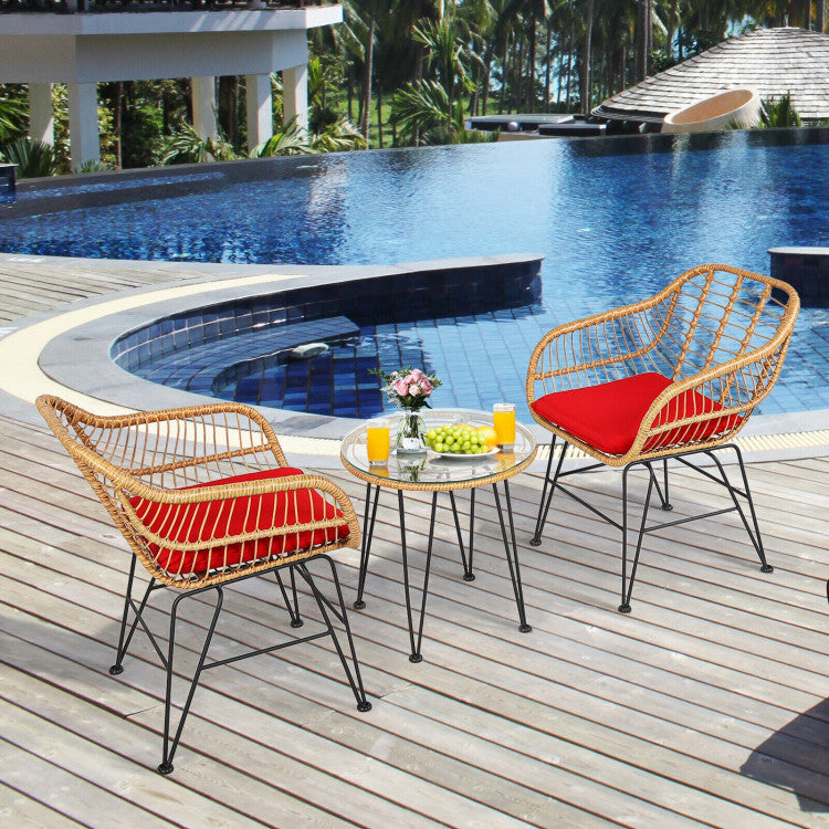 3 Pieces Rattan Furniture Set With Cushioned Chair Table
