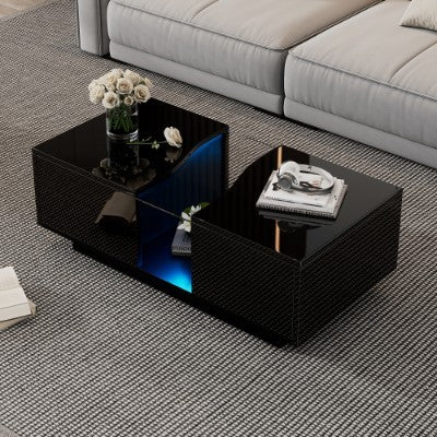Led Coffee Table With 2 Drawer Storage, High Gloss Coffee Table For Living Room Unique Shape Centre Table With 16-Color Led Lights,End Table For Home Office Furniture, Black