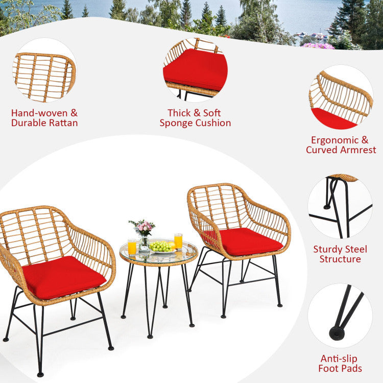 3 Pieces Rattan Furniture Set With Cushioned Chair Table