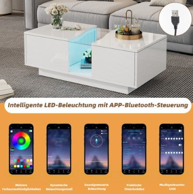 Led Coffee Table With 2 Drawer Storage, High Gloss Coffee Table For Living Room Unique Shape Centre Table With 16-Color Led Lights,End Table For Home Office Furniture, White