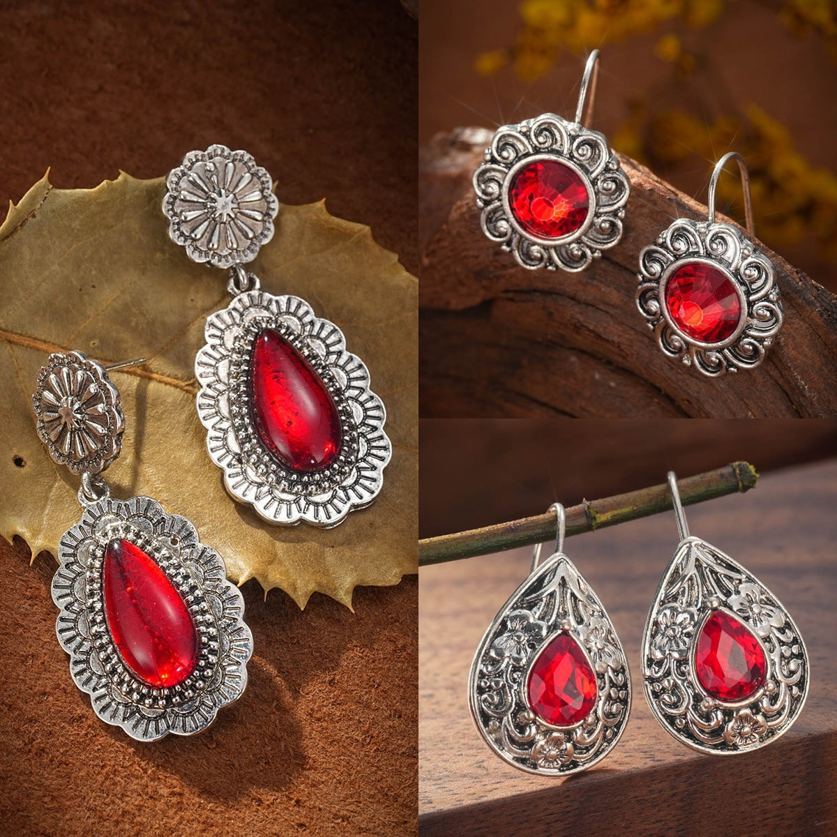European And American Retro Bohemian Style Carved Ruby Earrings