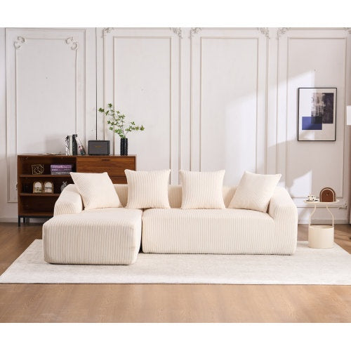 LY-023 WHITE COMPRESSION SOFA Combining Chaise Longue With 3-seater, Corduroy Fabric, Full Sponge Compression Sofa,combined Sofa With 4 Pillows For Living