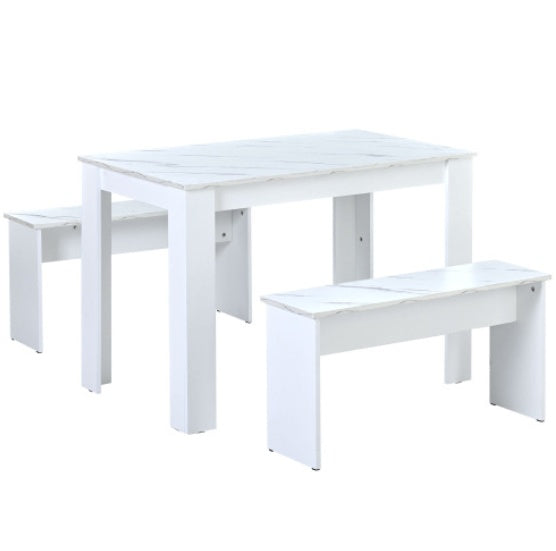 Dining Table With 2 Benches Dining Table Set For Kitchen, Dining Room, Small Space Artificial Marble White