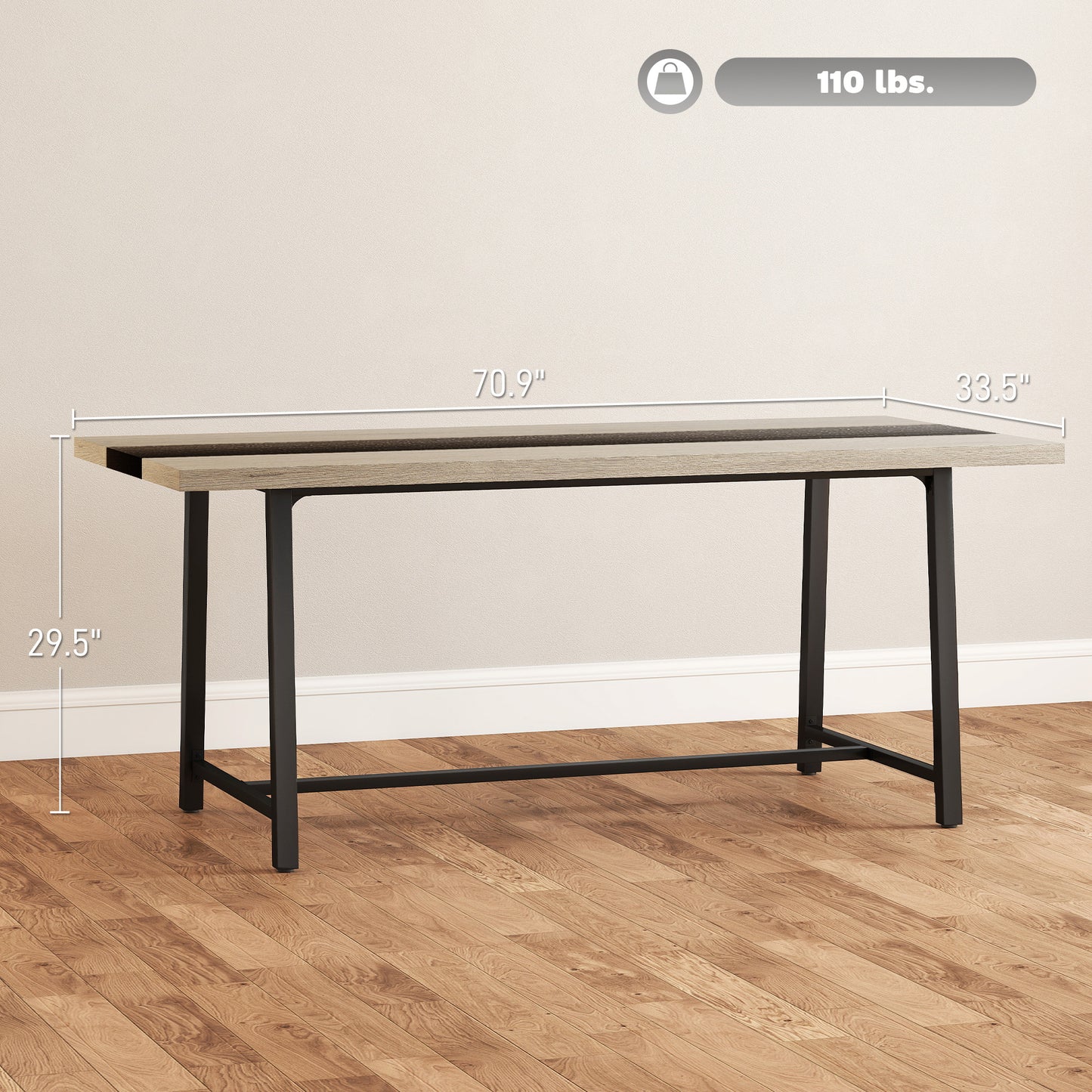 Industrial Kitchen Table For 8 People, 70.9 Long Dining Table With Large Tabletop And Steel Legs For Dining Room, Gray