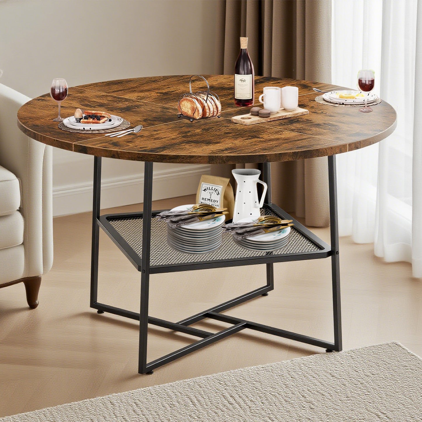 51  Round Dining Table For 4-6  Tiger Stripes-Black Wooden Dining Room Table With Storage Shelf Space Saving Circle Dinner Table With Metal Legs For Kitchen Living Room Dining Restaurant Furniture