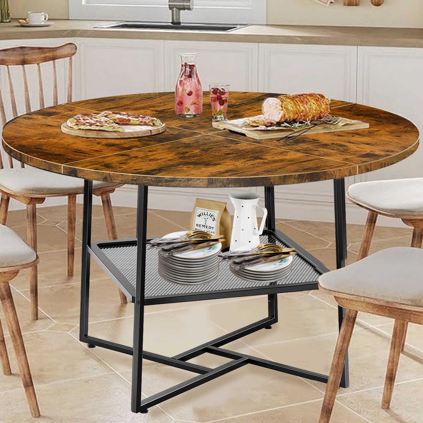 51  Round Dining Table For 4-6  Tiger Stripes-Black Wooden Dining Room Table With Storage Shelf Space Saving Circle Dinner Table With Metal Legs For Kitchen Living Room Dining Restaurant Furniture