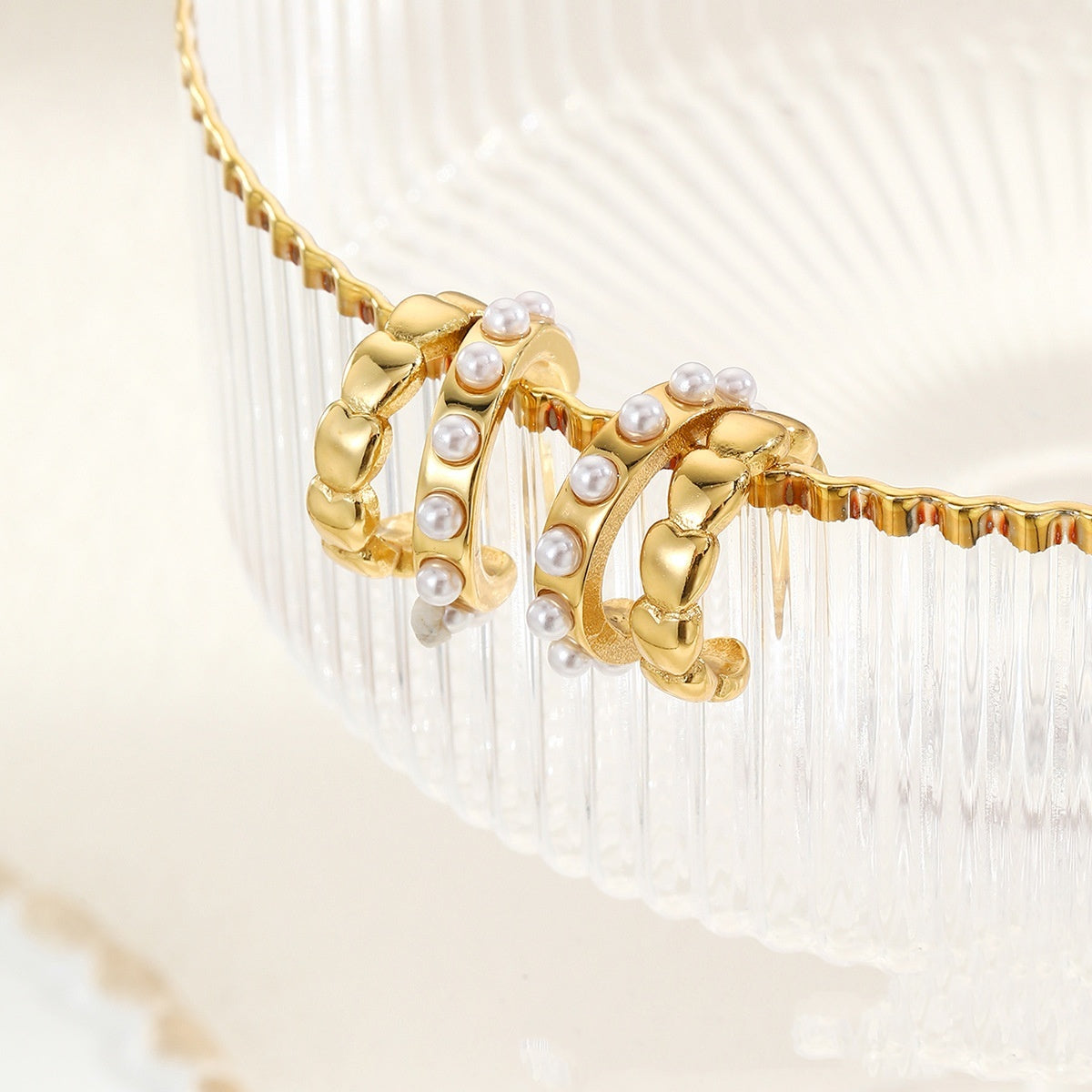 European And American Stainless Steel Retro Double C- Shaped Earrings Imitation Pearl Love