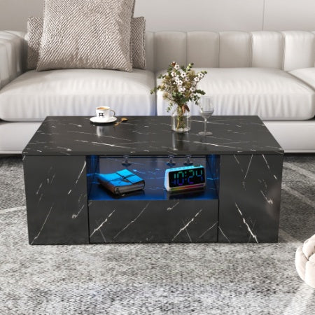 Modern Coffee Tables For Living Room, LED Coffee Table, Storage Coffee Table, Small Coffee Table, Wood Center Table With 2 Drawers And Open Side Shelf